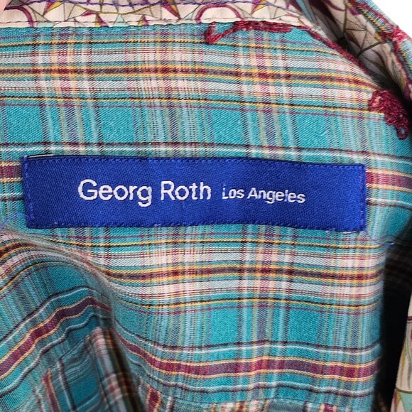 George Roth Floral Embroidered Blue Plaid Button Up Sz XL - Picture 9 of 11
